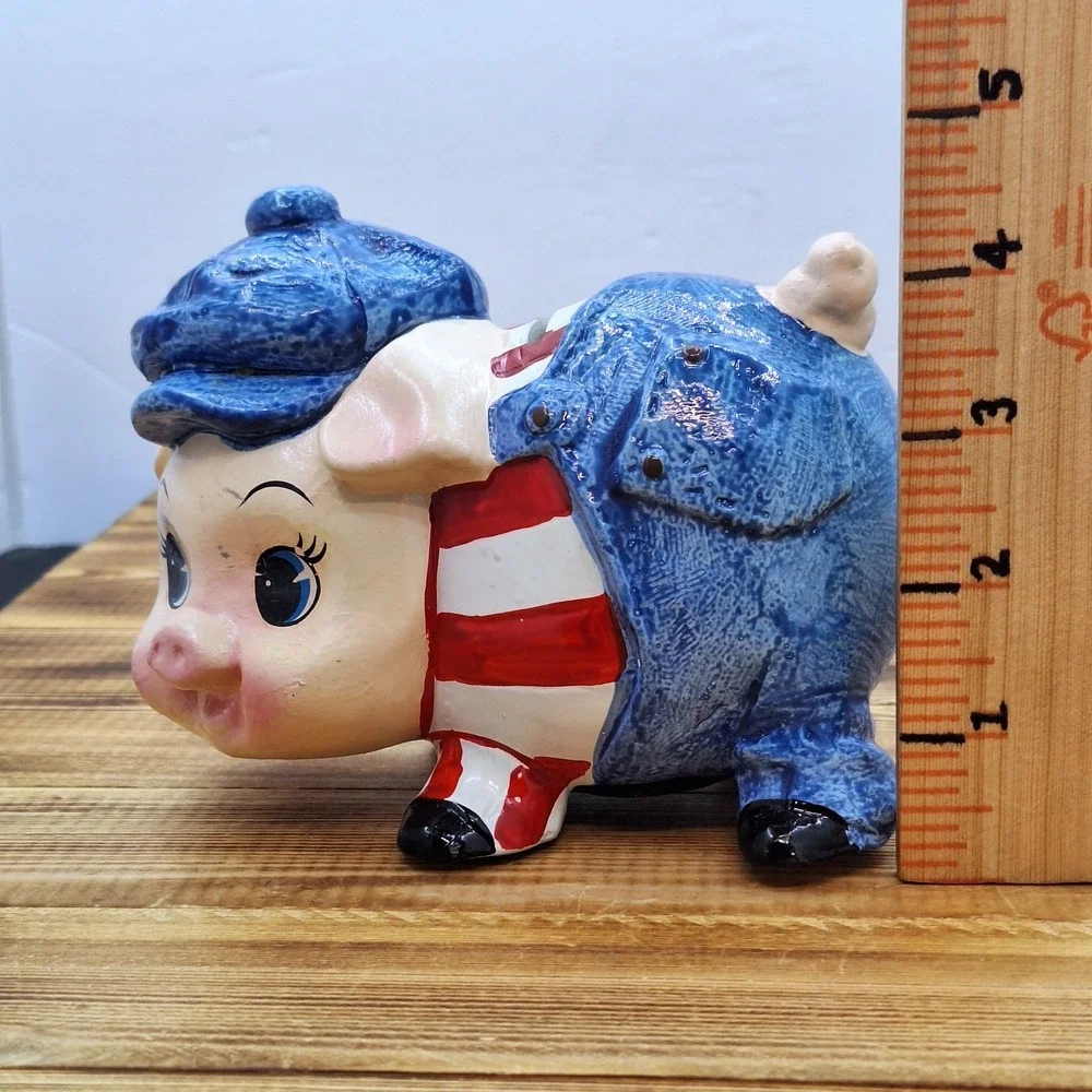 Ceramic‎ Pig Wearing Pinstripes Overalls Coin Piggy Bank Vintage Hand Painted